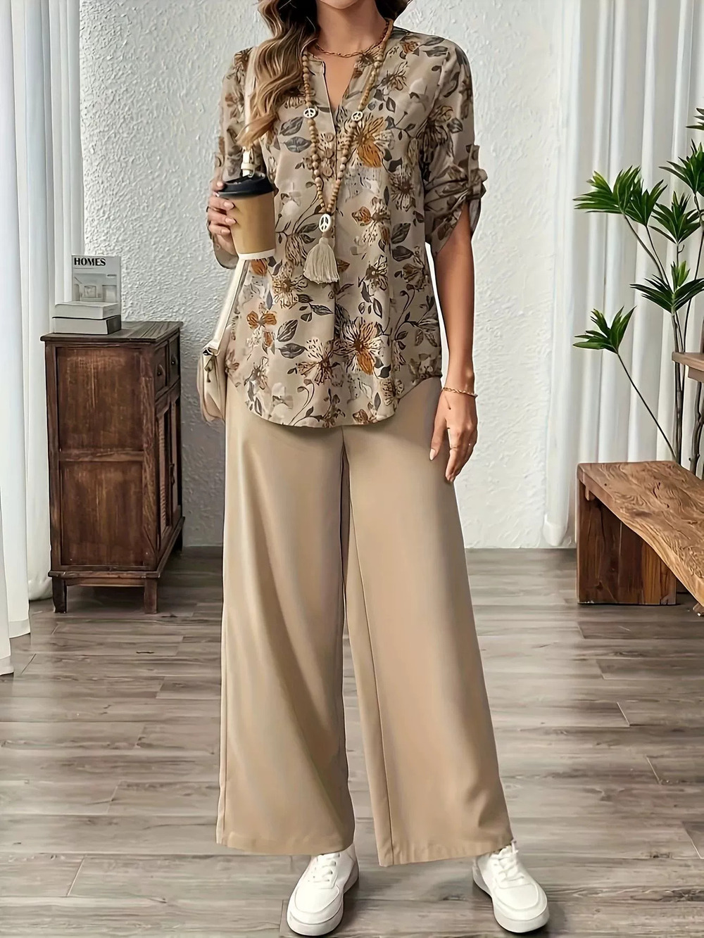 Forever 21 Khaki Print Wide-Leg Relaxed Casual Set